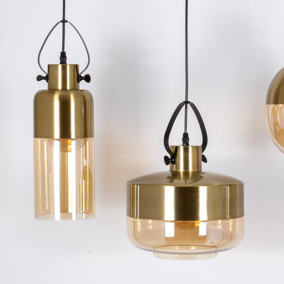 Pendellampa Laure med fyra lampor - bronsdetaljer och amberfärgat glas