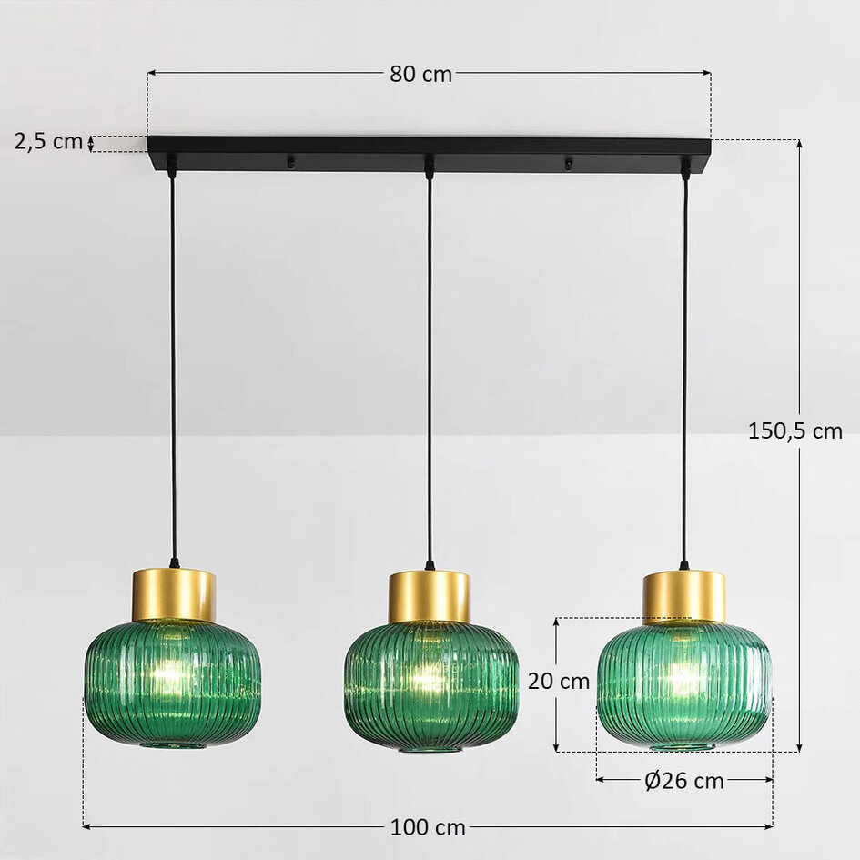 Pendellampa Inya med tre lampor och grönt glas - grönt och guld