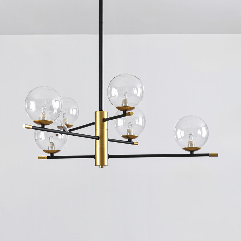 Pendellampa Nisha med sex lampor i transparent glas - svart och guld