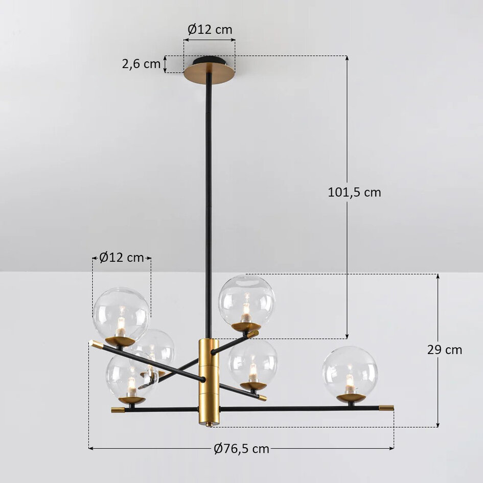 Pendellampa Nisha med sex lampor i transparent glas - svart och guld