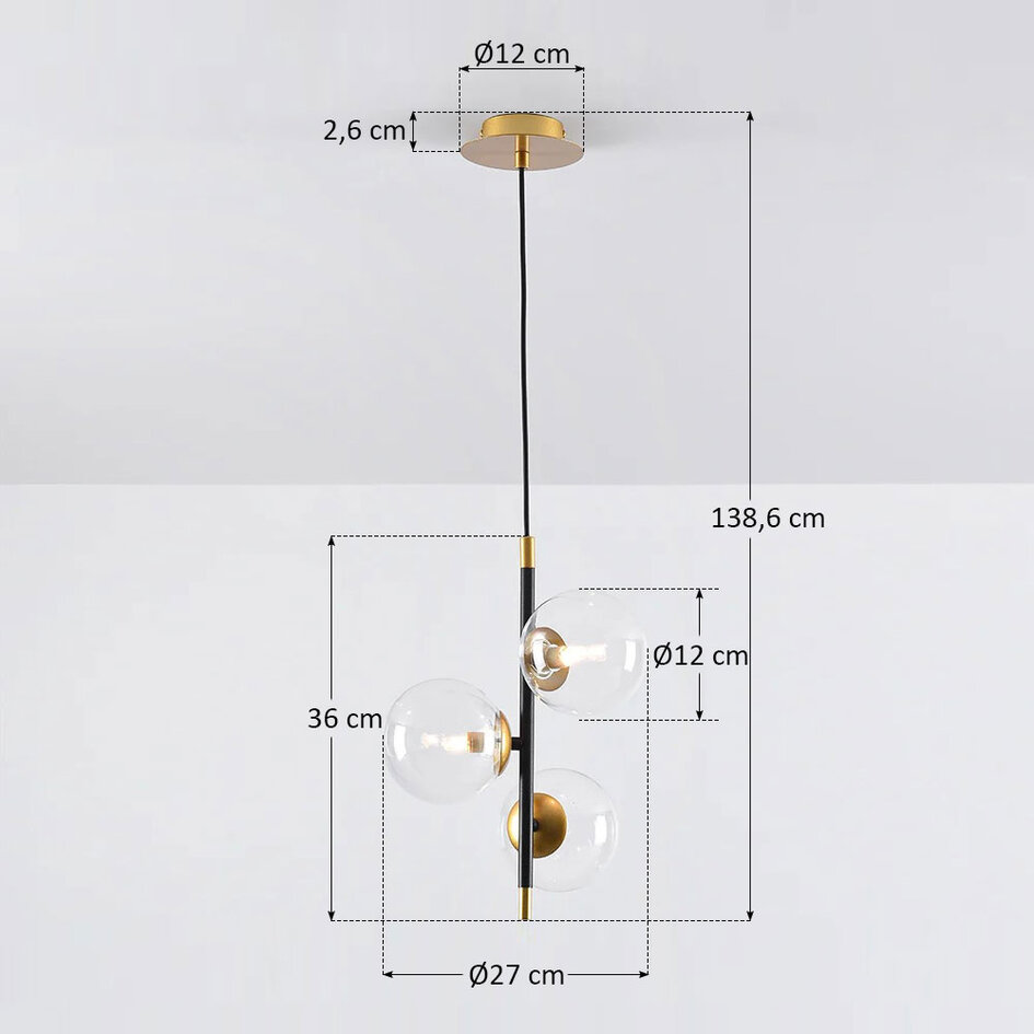 Pendellampa Nisrin med tre lampor i transparent glas - svart och guld
