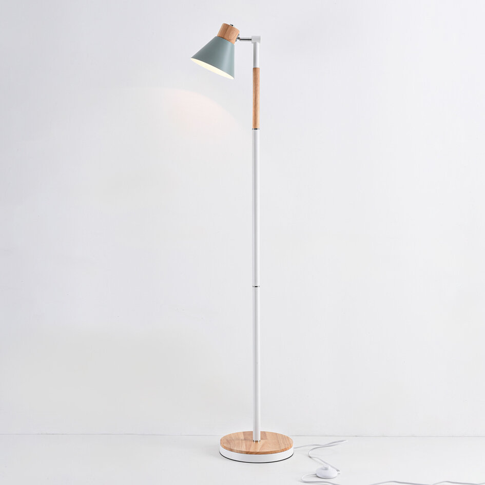 Retro golvlampa Elsie i trä med grön skärm