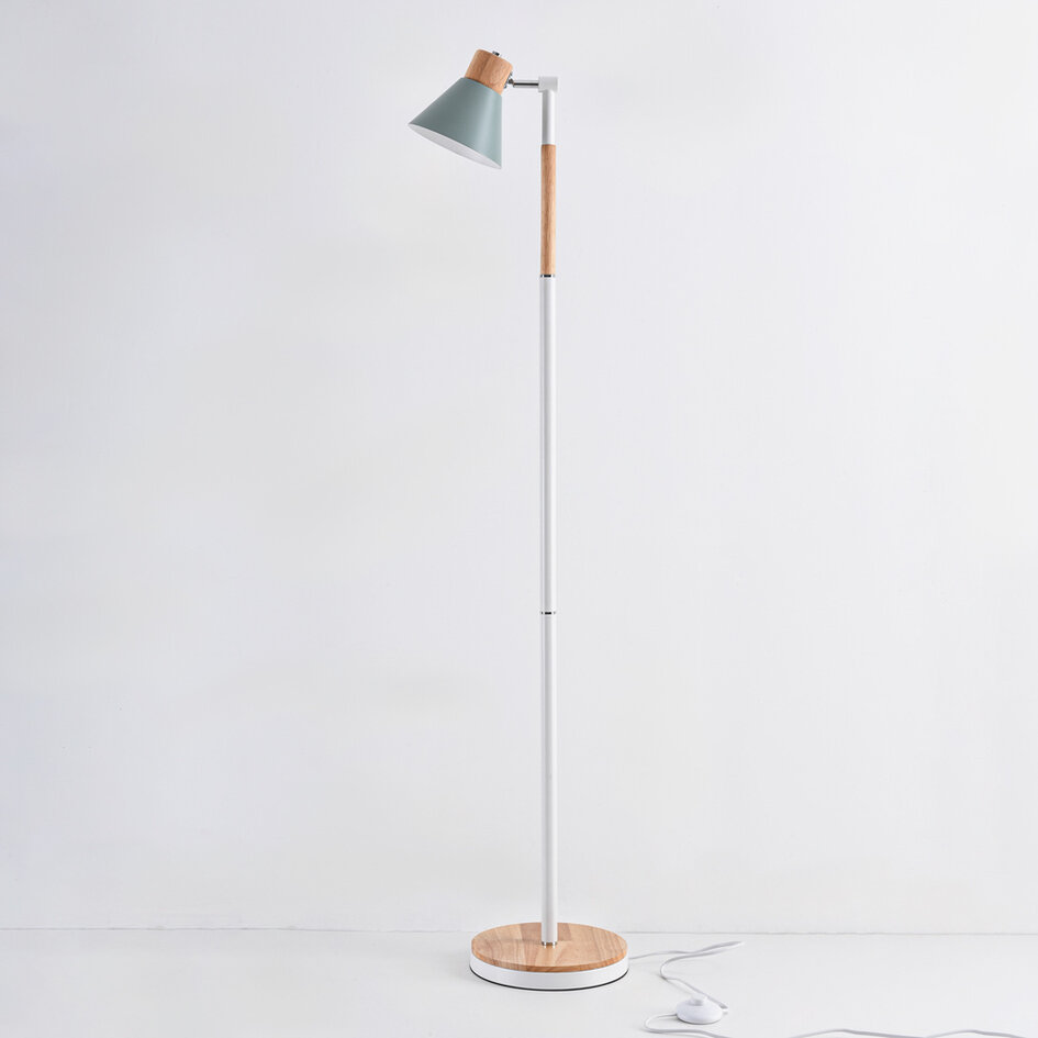 Retro golvlampa Elsie i trä med grön skärm