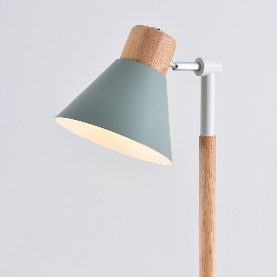 Retro golvlampa Elsie i trä med grön skärm