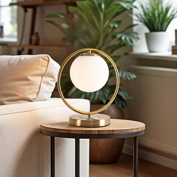 Bordslampa Gene - guld med mjölkvitt glasklot