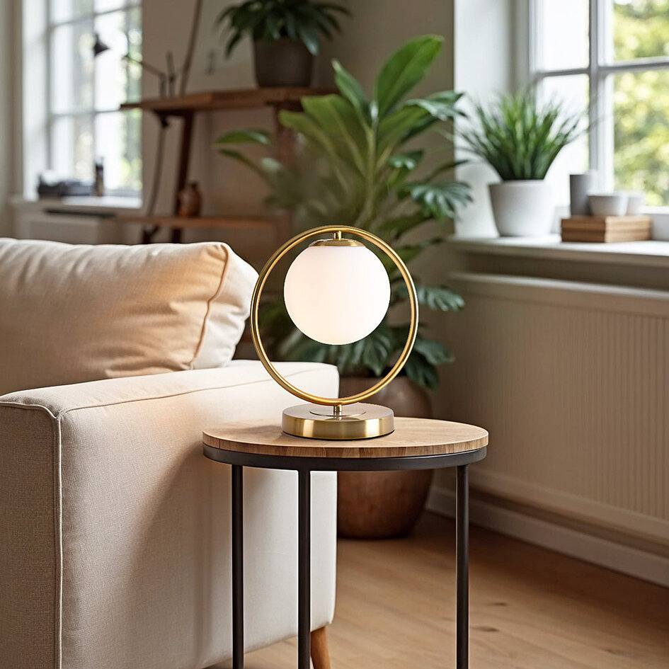 Bordslampa Gene - guld med mjölkvitt glasklot