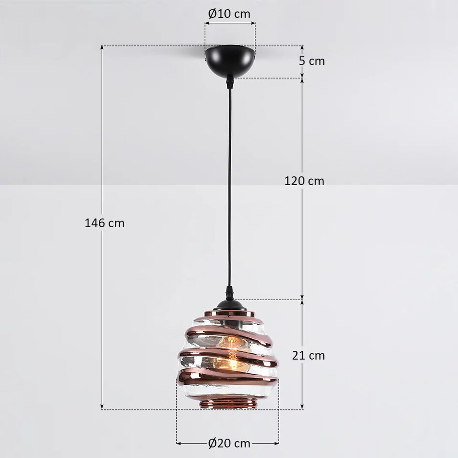 Pendellampa Mace med vågigt glas och bronsdetaljer