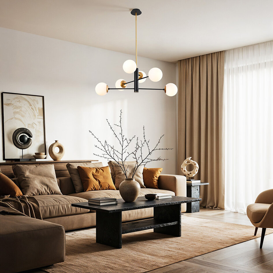 Designad pendellampa Damian med sex lampor och glaskulor
