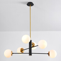 Designad pendellampa Damian med sex lampor och glaskulor