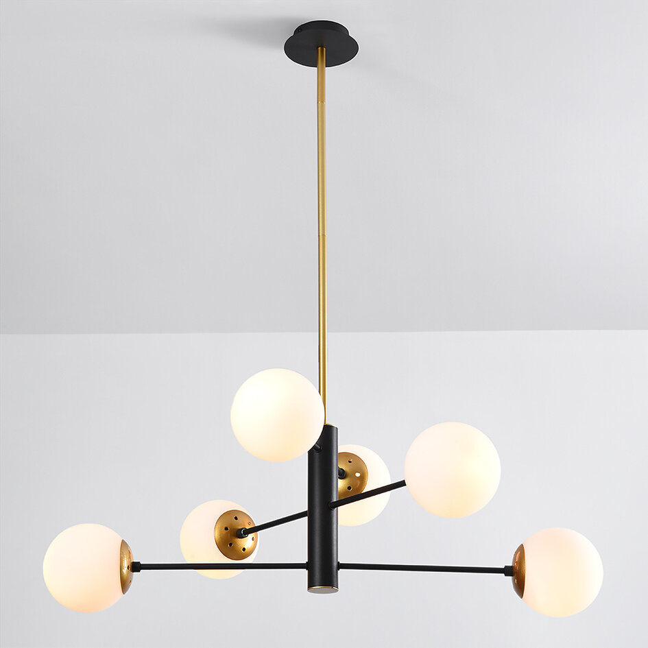 Designad pendellampa Damian med sex lampor och glaskulor