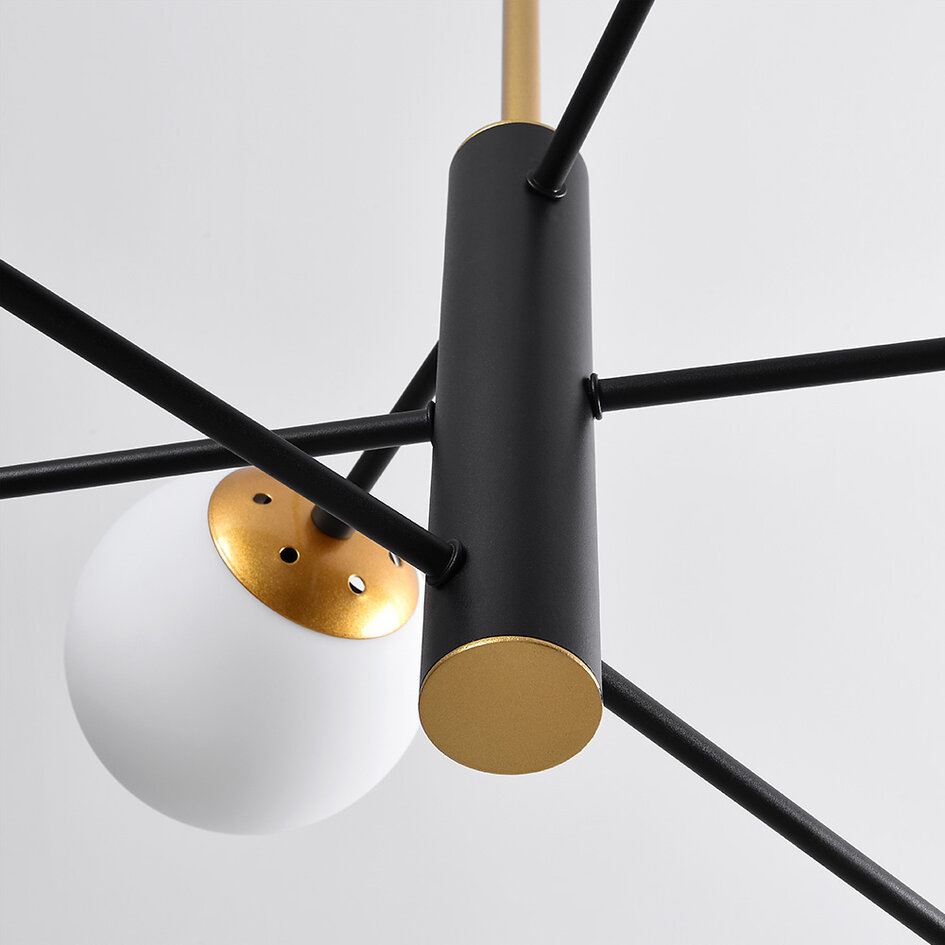 Designad pendellampa Damian med sex lampor och glaskulor
