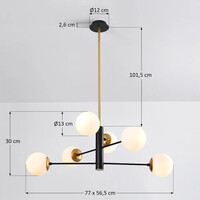 Designad pendellampa Damian med sex lampor och glaskulor