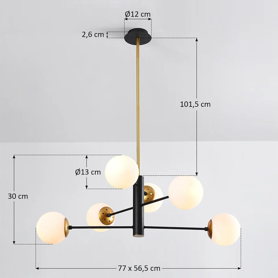 Designad pendellampa Damian med sex lampor och glaskulor