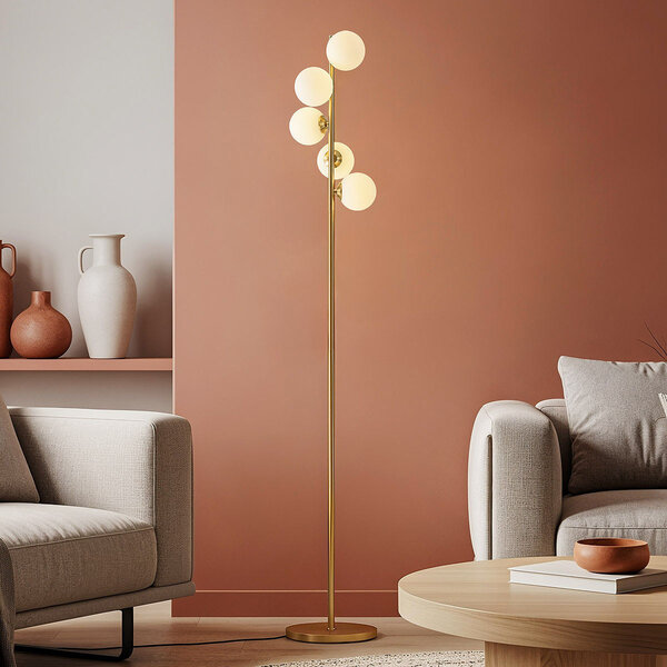 Design golvlampa guld med mjölkvitt glas 5-ljus - Tyson