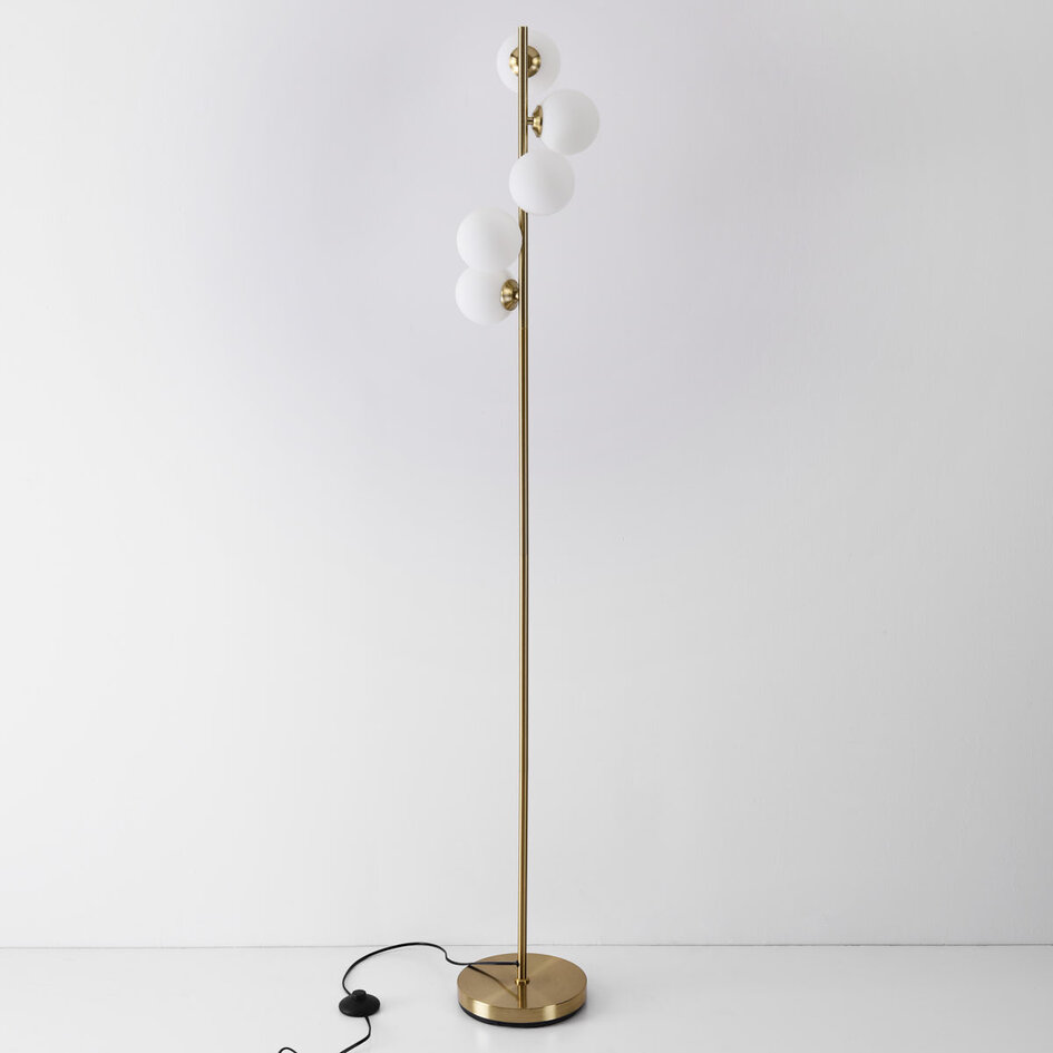 Design golvlampa guld med mjölkvitt glas 5-ljus - Tyson