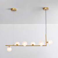 Designad pendellampa Marcus med sex lampor i L-form och mjölkvitt glas