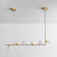 Designad pendellampa Marcus med sex lampor i L-form och mjölkvitt glas