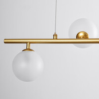 Designad pendellampa Marcus med sex lampor i L-form och mjölkvitt glas