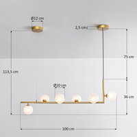 Designad pendellampa Marcus med sex lampor i L-form och mjölkvitt glas