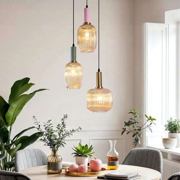 3-ljus taklampa med räfflat glas - Amelia