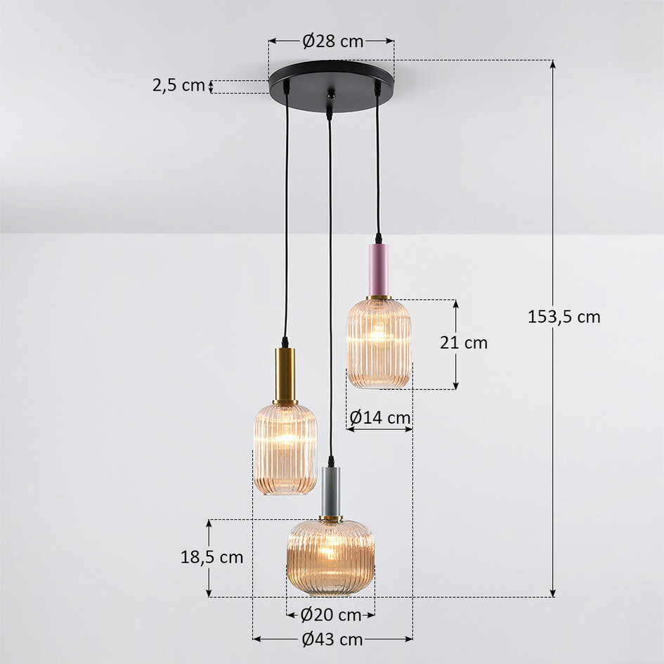 Pendellampa Amelia med tre lampor - räfflat glas