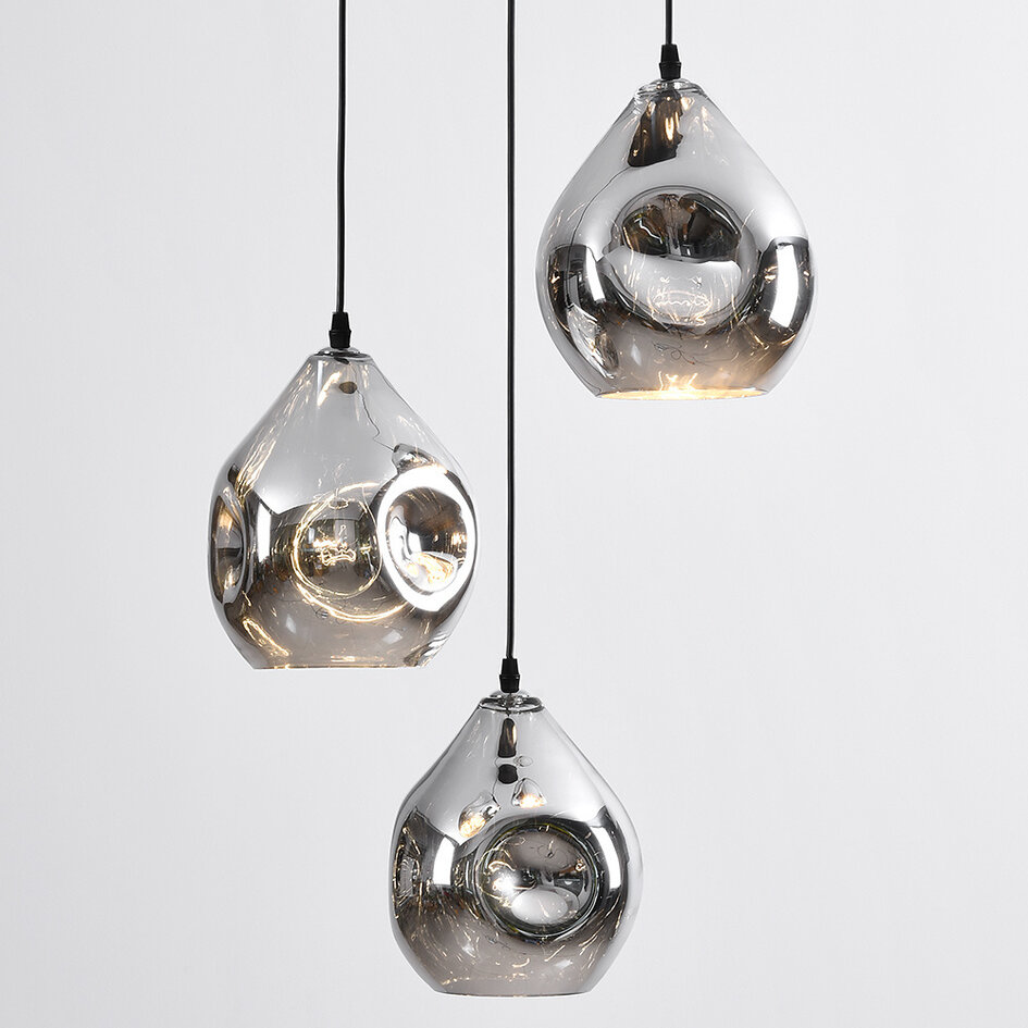 Designad pendellampa Frank med tre lampor - rökfärgat glas med spegeleffekt