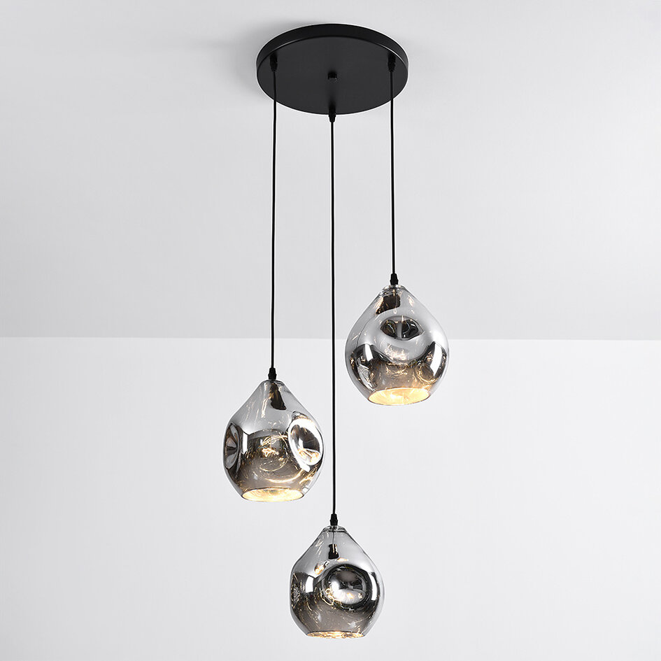 Designad pendellampa Frank med tre lampor - rökfärgat glas med spegeleffekt