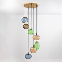 Pendellampa Altair med sju lampor - räfflat glas i olika färger