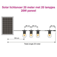 Solcellsdriven ljusslinga 20 meter med 20 lampor i W-form och 20W solpanel