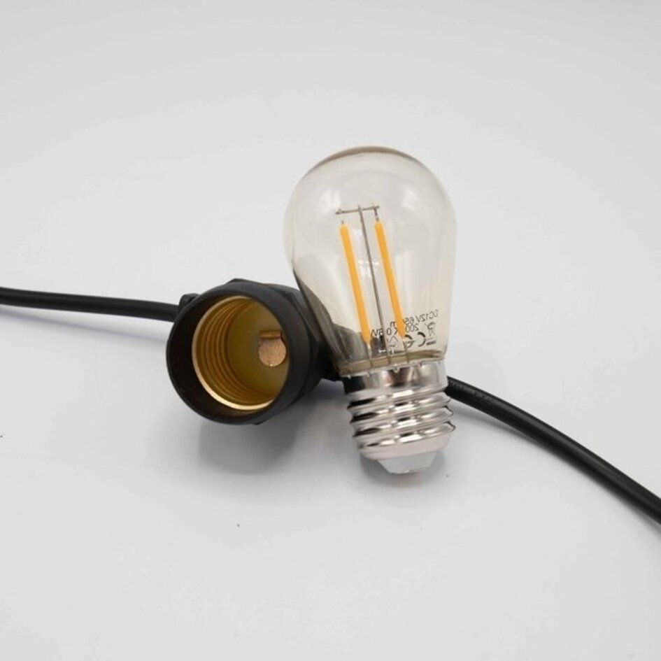 Solcellsdriven ljusslinga 25 meter med 50 eller 60 lampor med dubbelt filament, 30W solpanel