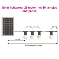 Solcellsdriven ljusslinga 25 meter med 50 eller 60 lampor med dubbelt filament, 30W solpanel