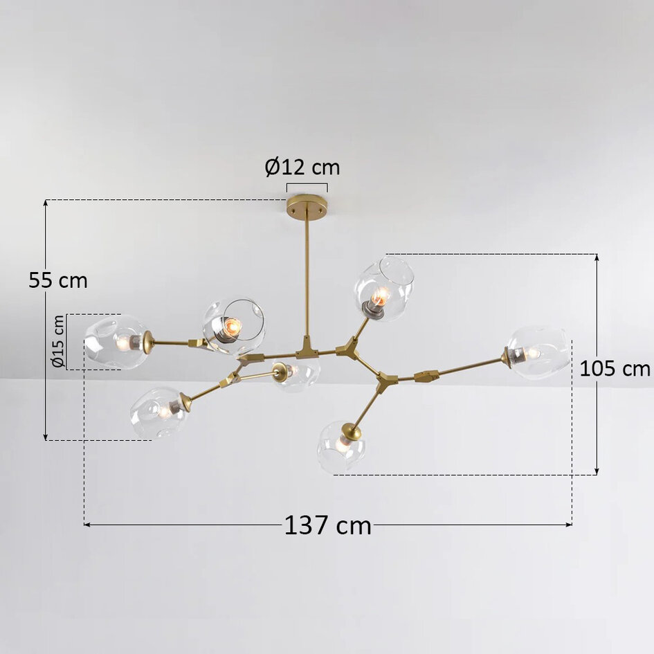 Pendellampa Melodie med sju lampor - guld med transparent glas