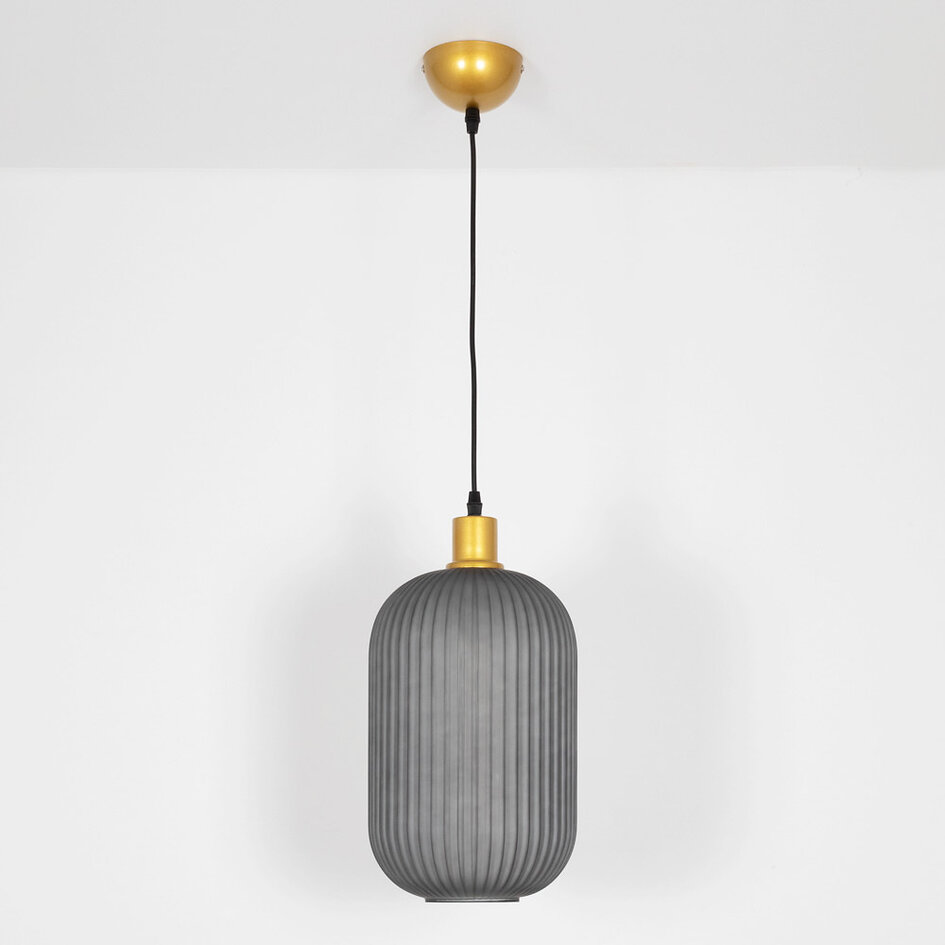 Retro pendellampa Doran av räfflat glas - grå och guld