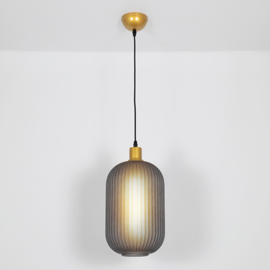 Retro pendellampa Doran av räfflat glas - grå och guld