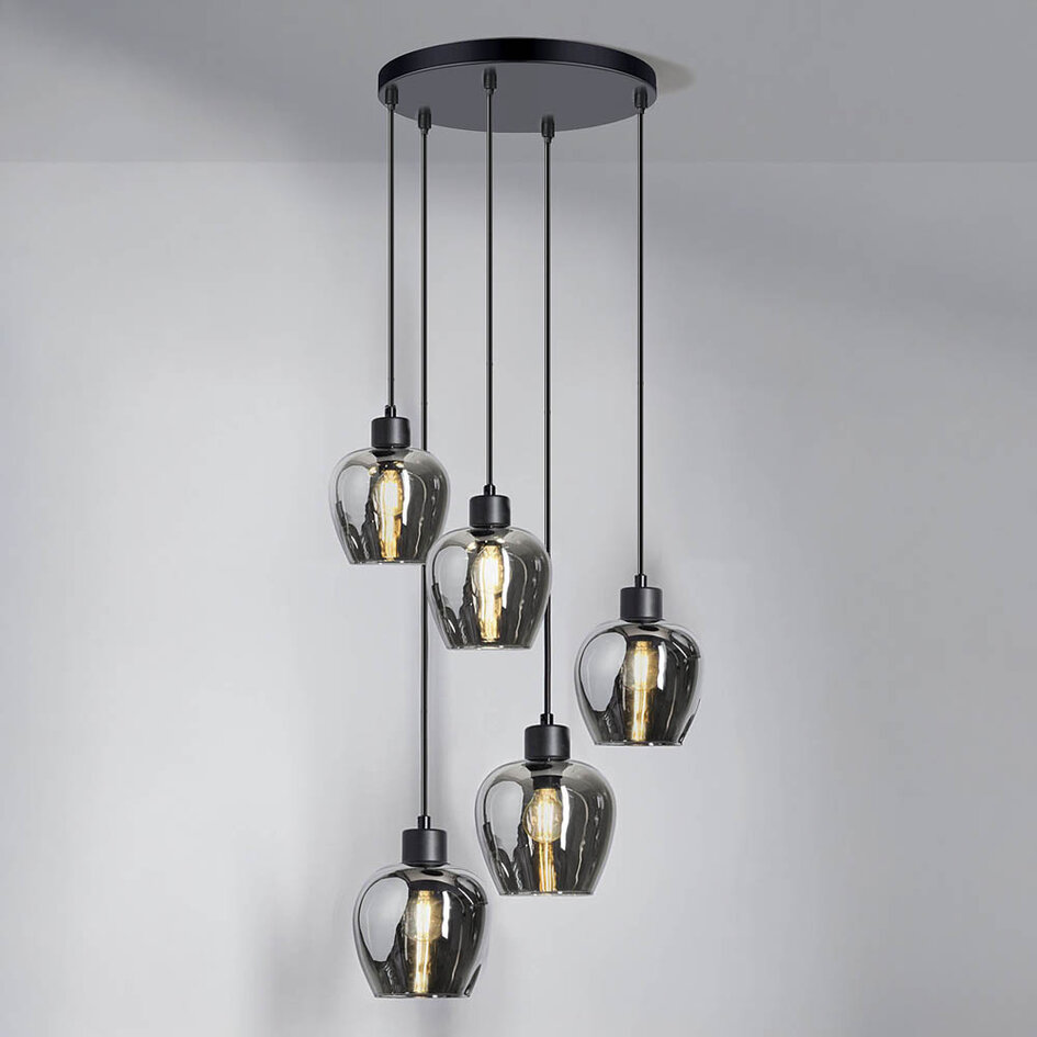 Pendellampa Glendale med fem lampor - rökfärgat glas