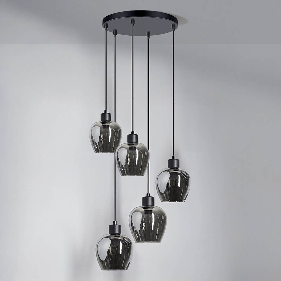 Pendellampa Glendale med fem lampor - rökfärgat glas