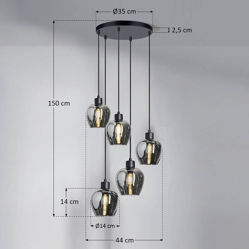 Pendellampa Glendale med fem lampor - rökfärgat glas
