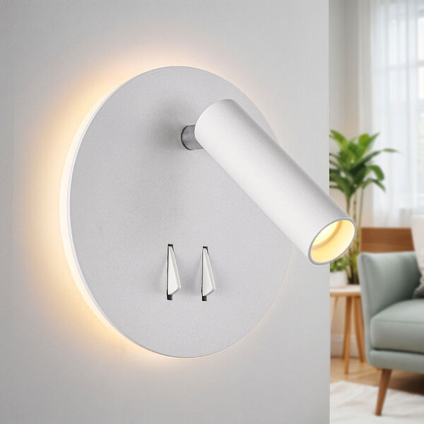Rund vägglampa med vridbar spot och belyst väggplatta - Lenae