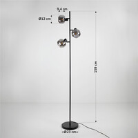 Golvlampa Jesse med tre lampor i svart med rökgrått glas och spegeleffekt