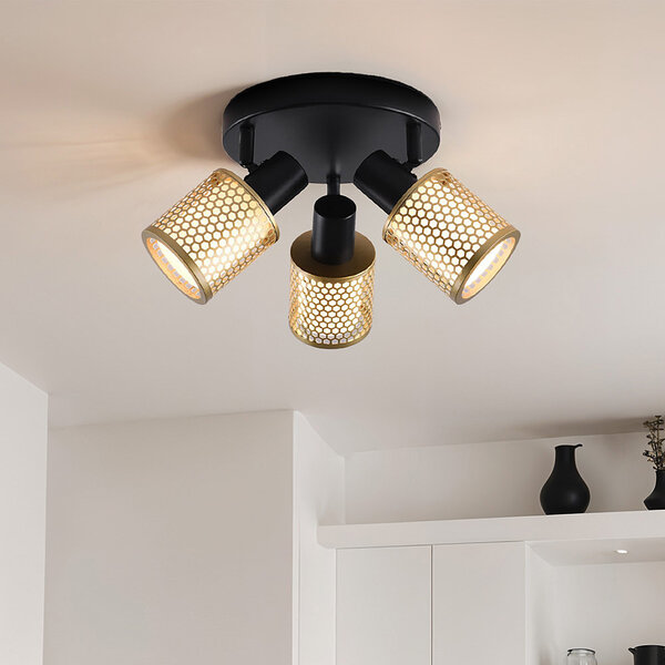 Design taklampa svart med guld, 3-ljus - Gull