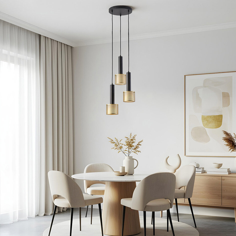 Pendellampa Aur med tre lampor - svart och guld med bikakedesign