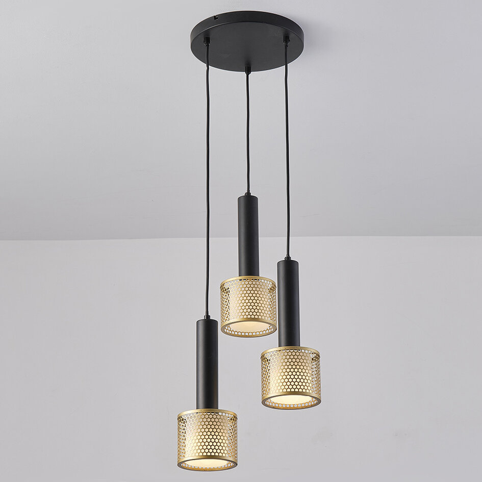 Pendellampa Aur med tre lampor - svart och guld med bikakedesign