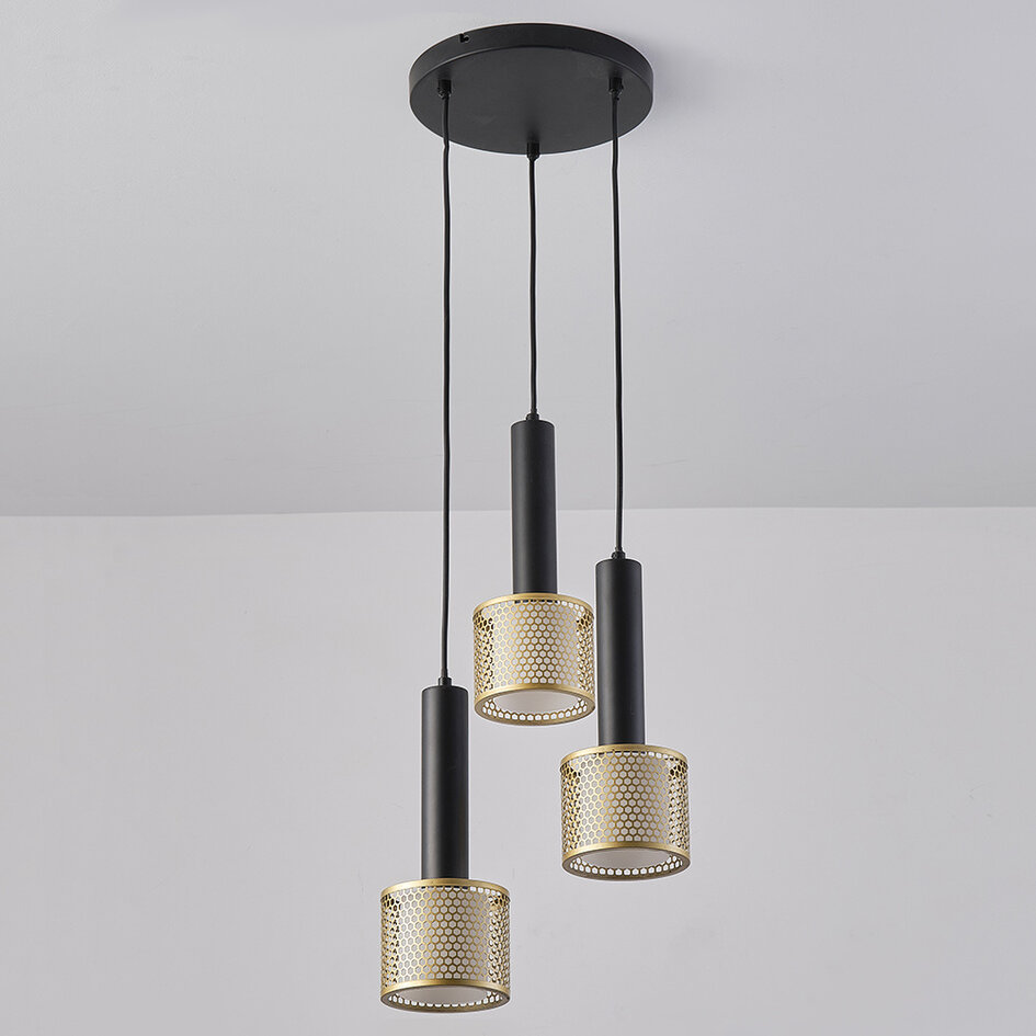 Pendellampa Aur med tre lampor - svart och guld med bikakedesign