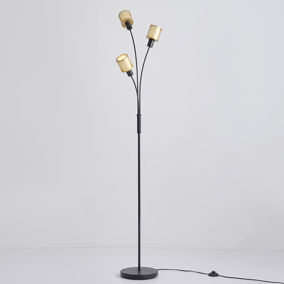 Minimalistisk golvlampa Guld med tre lampor i svart med guld
