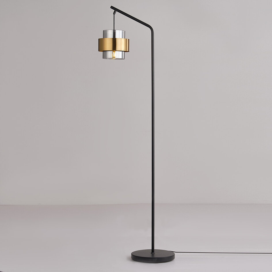 Designad golvlampa Kuld i svart med brons och rökgrått glas