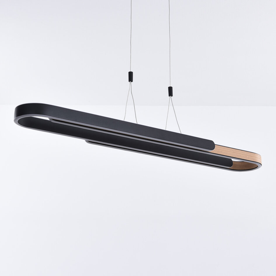 3-stegs dimbar designad pendellampa Lilia - svart och träfaner med integrerad LED