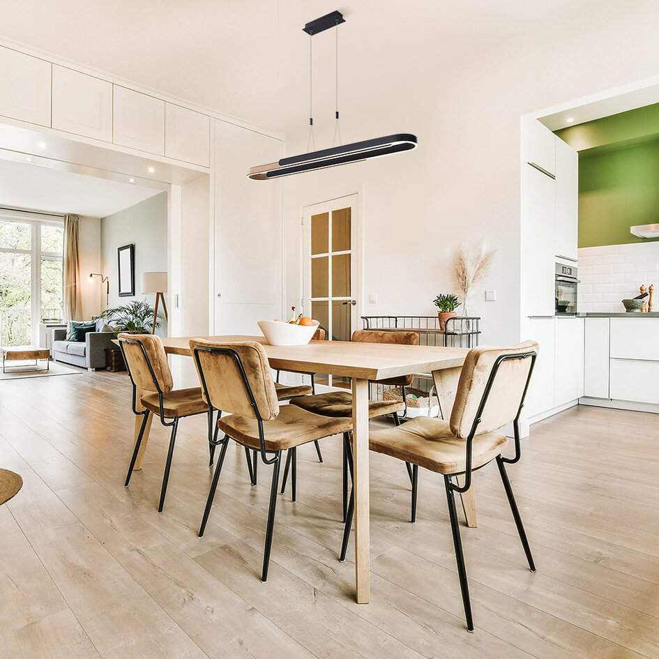 3-stegs dimbar designad pendellampa Lilia - svart och träfaner med integrerad LED