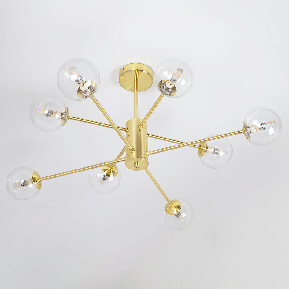 Taklampa Idaho med åtta lampor - sandguld med transparenta glaskulor