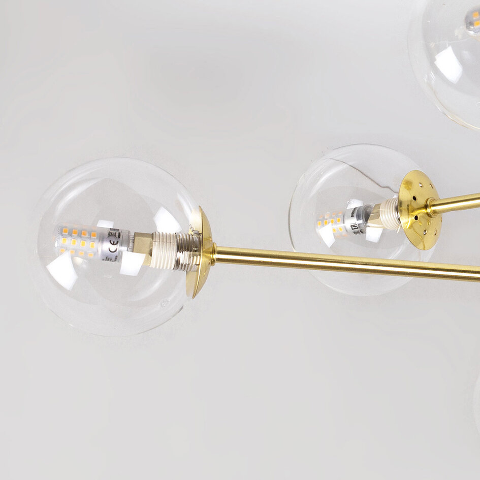 Taklampa Idaho med åtta lampor - sandguld med transparenta glaskulor