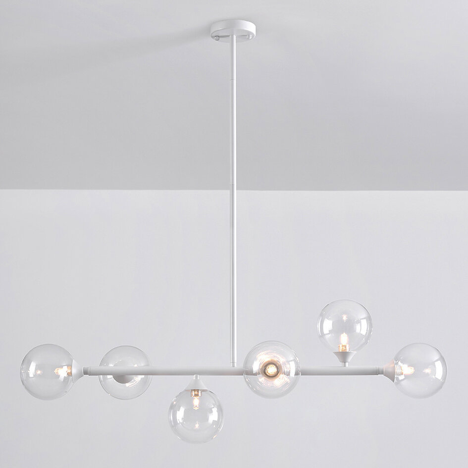 Pendellampa Aster med sex lampor - vit ram med transparenta glaskulor